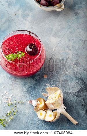 Cherry cold soup, gaspacho, gazpacho, smoothie in a glass