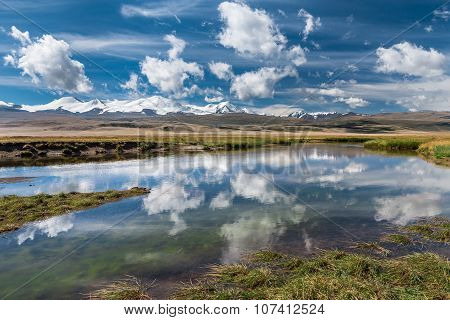 Beautiful Landscape With Snowy Mountains, River  And Blue Sky