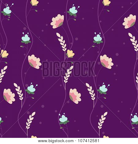 Floral seamless pattern with flowers and leaves on a purple background