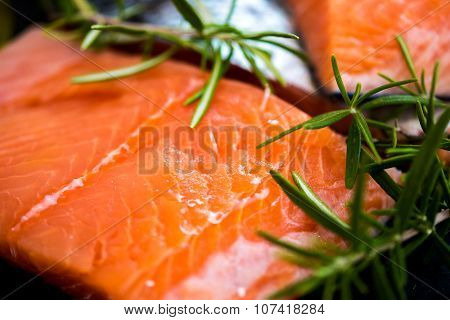 Portions Of Fresh Raw Salmon Fillets With Aromatic Herbs And Olive Oil