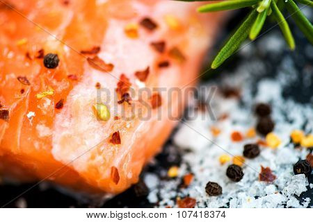 Portions Of Fresh Raw Salmon Fillets With Aromatic Herbs And Olive Oil