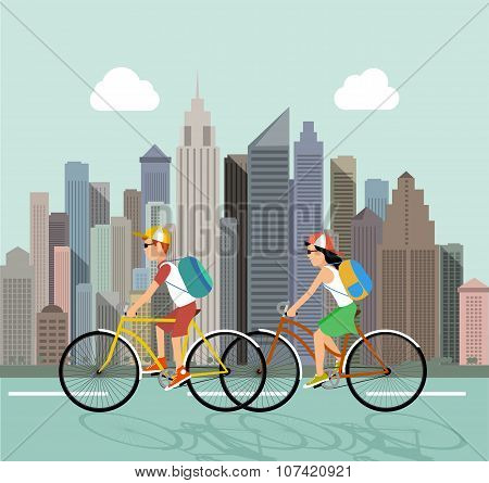 Cycle Tourism. People Against The City. Vector Illustration