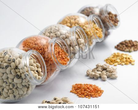 assorted beans arranged in a row