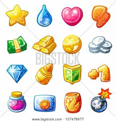 Cartoon resource icons for game user interface isolated on white background