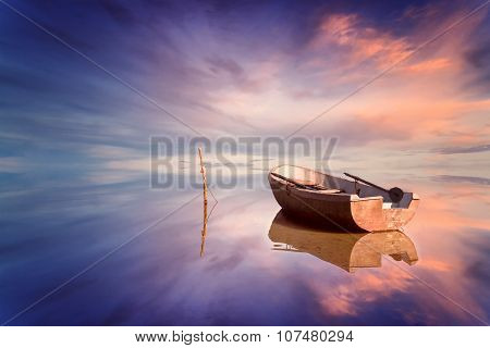 Lonely Boat And Amazing Sunset At The Sea