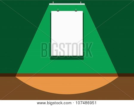Mock-up. Blank poster on the green wall, lighted by the fluorescent lamp