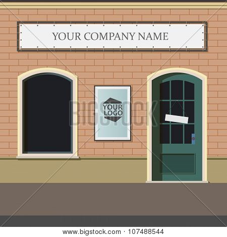 Mock up. Blank billboard in a frame on an outside wall. Shop sign