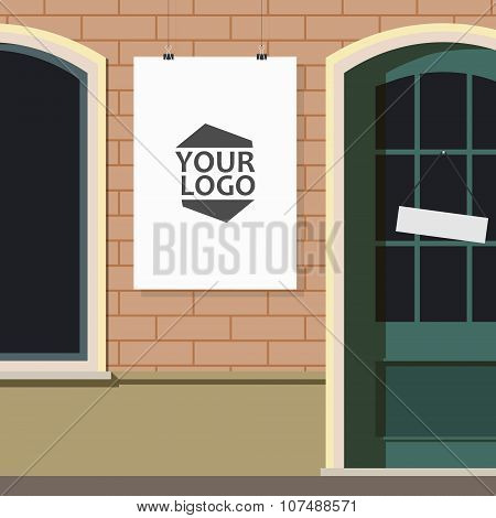 Mock up. Blank billboard in a frame on an outside wall. Shop sign