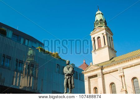 Monument of Croatian poet Petar Preradovic on Preradovic square (Flower square) and Serbian orthodox
