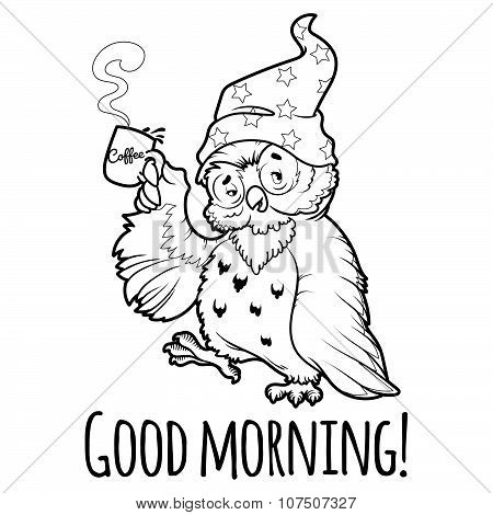 Woken Owl In The Nightcap With A Cup Of Coffee.