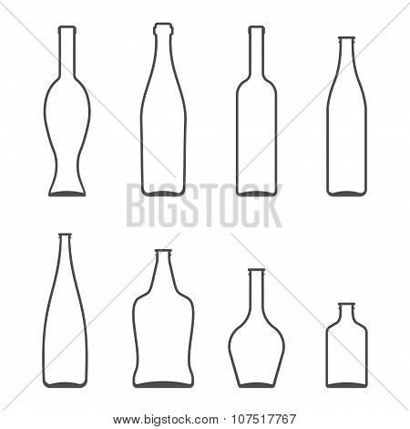 Set of Glass Bottles vector icons. Wine, beer, whiskey, liqueur, champagne and other Bottles silhoue