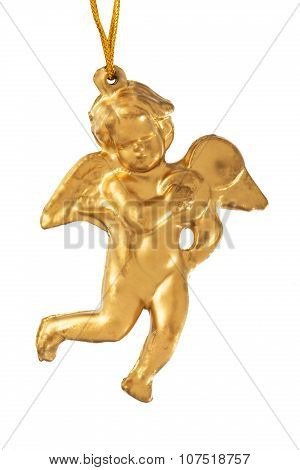 Little Figure Of A Golden Christmas Angel Isolated On White Background