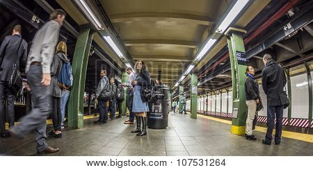 People Wait At Subway Station Times Square In New York