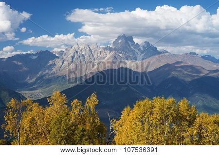 Autumn landscape. Top Ushba in clouds. Birch forest on the hillside. View from Mount Mkheer. Main Caucasian ridge. Zemo Svaneti, Georgia 