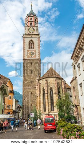 St.nicholas Church With Bell Tower In Merano.