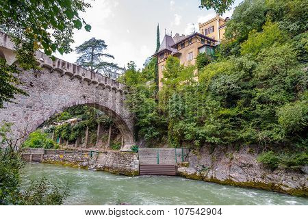 Stone Bridge Over Passer River In Merano