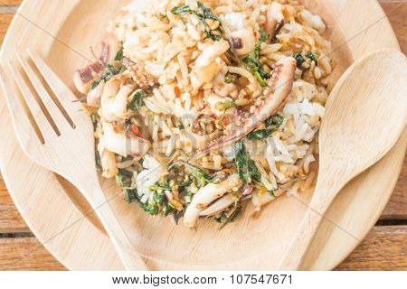 Rice Topped With Stir-fried Squid Basil (thai Food)