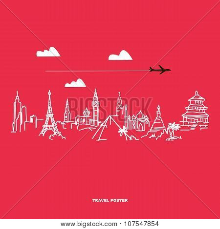 Travel and tourism poster . Drawn hands world attractions