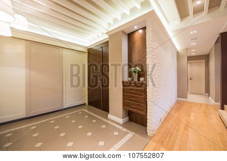 Spacious Anteroom Interior In Warm Tones And Modern Ceiling Lights