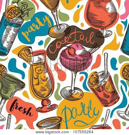 Seamless pattern with vintage cocktails and hand drawn lettering. Cocktail party. Retro colorful vec