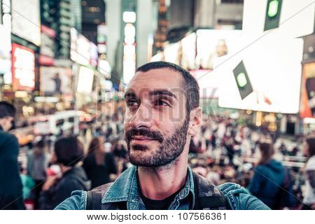 Backpacker Tourist Taking Selfie In Time Square, New York