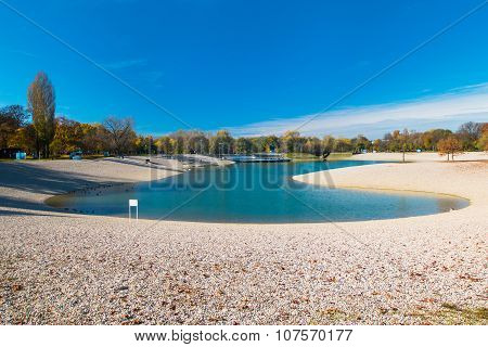 Bundek lake in Zagreb, Croatia, in autumn, blue sky