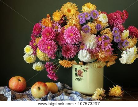 Still Life With A Bouquet Of Chrysanthemums And Apples.