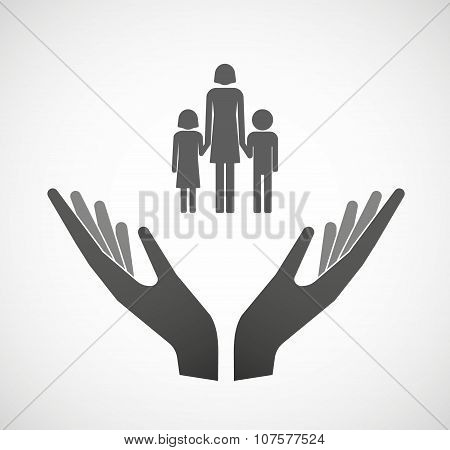 Two Vector Hands Offering A Female Single Parent Family Pictogram