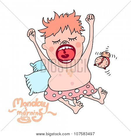 Yawning cartoon kid, open mouth widely. Monday morning concept