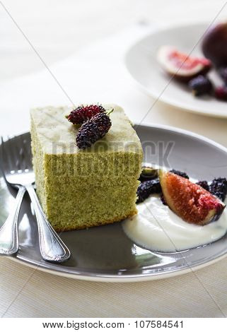 Matcha Cake With Fresh Fruit And Cream