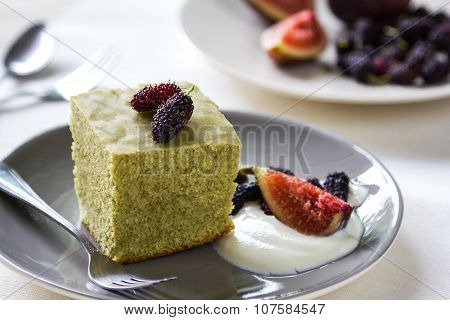Matcha Cake With Fresh Fruit And Cream