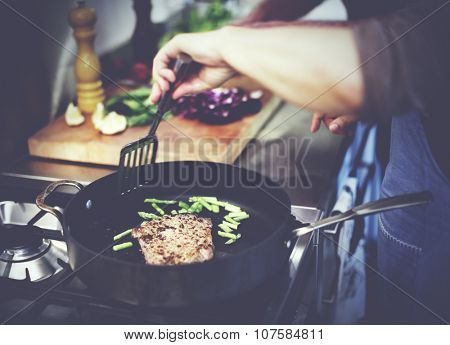 Housewife Cooking Grilled Steak Dinner Concept