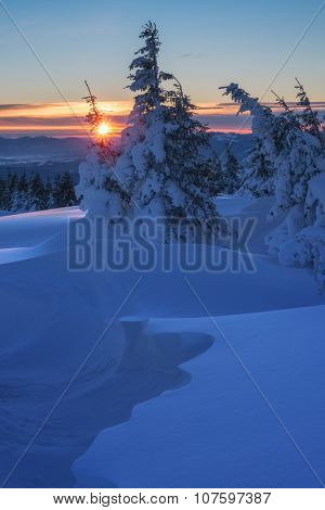 Fantastic orange evening landscape glowing by sunlight. Dramatic wintry scene with snowy trees. Kukul ridge, Carpathians, Ukraine, Europe. Merry Christmas!