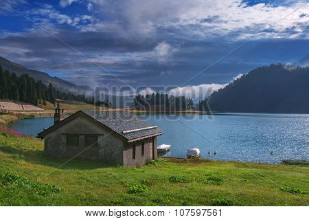 Amazing sunny morning at Champferersee lake in the Swiss Alps. Silvaplana village, Switzerland, Europe.