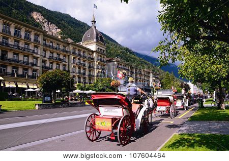 Swiss Tourist Town of Interlaken. Main Street with Grand Hotel Victoria