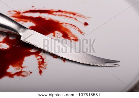 Knife On White Plate With Blood