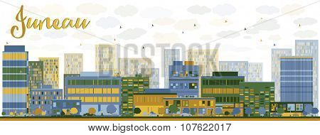 Abstract Juneau (Alaska) Skyline with Color Buildings. Business travel and tourism concept with modern buildings. Image for presentation, banner, placard and web site.