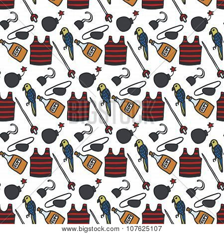 Pirate pattern. Seamless pattern with hand drawn pirate clothing and atributes. Doodle drawing
