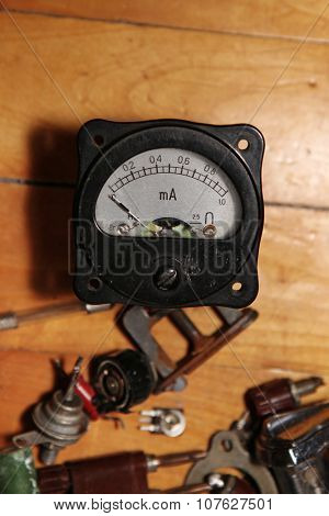 Old amperemeter and details radio, vintage objects