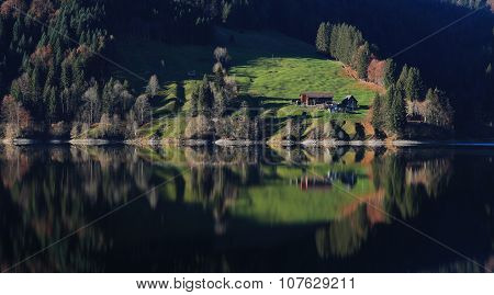 Farm And Forest Mirroring In A Swiss Lake