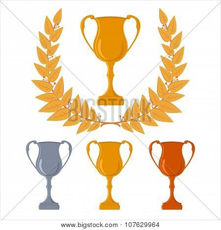 Gold, Silver And Bronze Cups, Triumphal Wreath