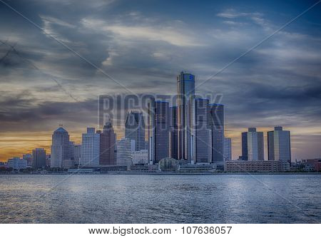 A view of Detroit skyline at sunset with dramatic HDR effect