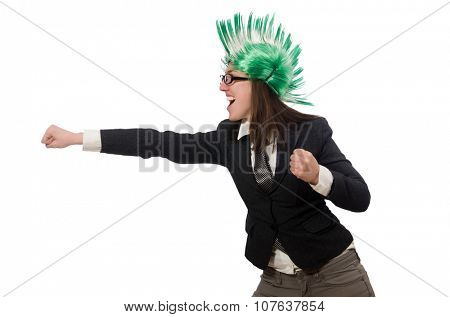 Funny businesswoman in business concept on white