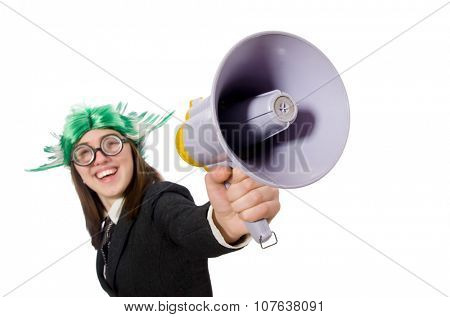 Funny businesswoman in business concept on white