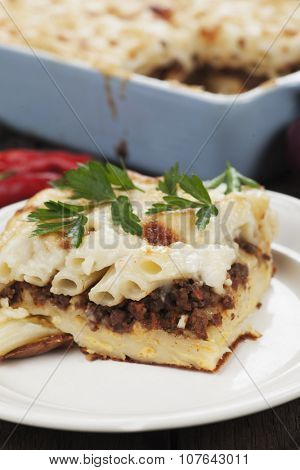Pasticcio or pastitsio, baked pasta woth ground beef and bechamel sauce