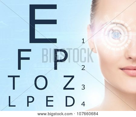 Beautiful woman with laser hologram and test vision table over cyan background.