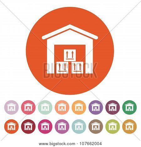 The warehouse icon. Storehouse and logistic symbol. Flat