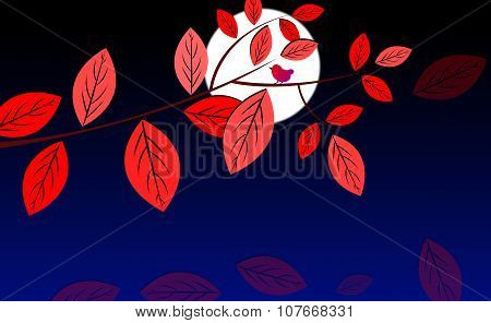A Bird sitting on Tree Branches with Beautiful Red Leaves and Moon Illustration
