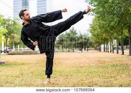 Martial artist practicing Qigong in office break
