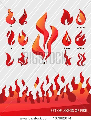 Set of flames of a fire. Collection of symbols of fire. Horizontal border.